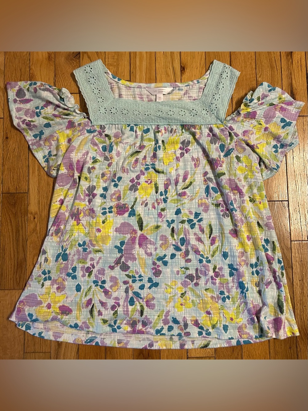 LC Lauren Conrad Pastel Floral Square Neck Eyelet Top - Mint, Yellow, Lavender